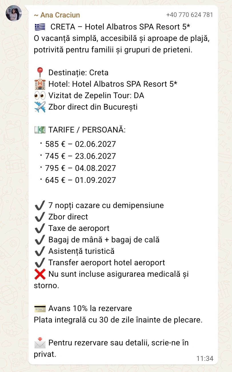 Captură din grupul Zepelin Tour: ofertă Creta, Hotel Albatros SPA Resort 5 stele, tarife de la 585 de euro de persoană, cu 7 nopți cazare, zbor direct din București și bagaje incluse